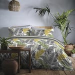 Fusion - Yellow Tropical Leaf Duvet Cover - King Bedding Size (230 x 220cm) - Reversible Design (Stripe) - Palm Tree Leaf/Leaves Bedding in Green - Jungle Leaf Bed Set - Ochre Leaf Duvet Set