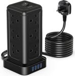 NVEESHOX Extension Lead Surge Protection,12 Way Power Strip Tower with 4 USB Slo