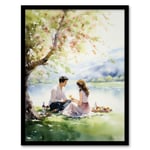 Summer Romance Watercolour Painting Picnic By The Lake Under A Cherry Blossom Tree Bedroom Art Art Print Framed Poster Wall Decor