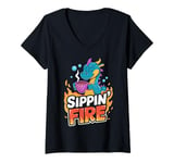 Womens Sippin’ Fire Cute Dragon Tea Lover V-Neck T-Shirt