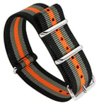 Tiera svart /Grått/Orange randigt NATO-armband - blankpolerad stål spänne och ringar 24 mm