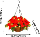 Riippuvat kukat jouluksi Väärennetty joulutähti kukka-asetelma Keinopunainen joulukukka-riippuva kori LED-valoilla Riippuva kori joulukukkia