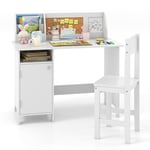 GOPLUS Bureau Enfant avec Chaise Ergonomique, Table d’Étude avec Tableau Blanc, Pieds en Bois, Étagère, Placard, Table Blanche pour Enfants 3+ Ans pour Maison, École, Charge 90/50KG