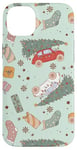 Coque pour iPhone 14 Plus Retro Christmas Santa Trees Checker Snowflakes Pink