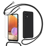 Pnakqil Coque Compatible avec Samsung Galaxy A32 4G avec Cordon,avec 1 x Verre trempé Protecteur d'écran,Collier pour Étui Colliers de cellulaire Réglable Lanyard Case givré pour Samsung A32 4G,Noir