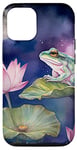 Coque pour iPhone 15 Pro Grenouille assise sur un tapis de lys fleur lotus lune nuit