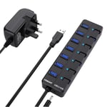 Powered USB Hub,VEMONT 7 ports SuperSpeed USB 3.0 Hub with Power Supply,USB Splitter Powered with Individual on/off LED Switches and 3.9ft/1.2m Long Cable for PC/Laptops/Ultrabooks/Desktops