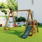 Balançoire double pour enfants, balançoire robuste avec toboggan et échelle d'escalade, portique de balançoire en bois massif, 238,5x240x168,9cm