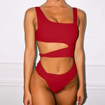 Charm4you Bikini Swimwear,Solid color one-piece knotted bikini cutout swimsuit-Crimson_S,Bikini Swimwear