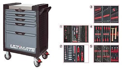 KS Tools 816.5311 - Servante d'atelier 5 tiroirs - Gamme ULTIMATE® - Système de fermeture centralisé par serrure - 4 roues robustes - Equipée de 311 outils - Couleur Grise et Noire