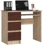 Bureau d'ordinateur AKORD gauche A6 Chêne Sonoma 90 cm 3 tiroirs façade Wengé 1 étagère 90x50x77 cm