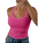 Kvinnors Scoop Neck Ribbade Tank Tops Träning Ärmlös Cami Skjorta Dark Pink L