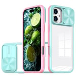 Dqtaoply Phone Camera Cover for iPhone 16 Case, Clear Back + TPU Silicone Frame Heavy Duty Shockproof Protection Slide Camera Cover Case for iPhone 16 - Green+Pink