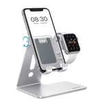 OMOTON Stand for Apple Watch, 2 in 1 Adjustable Aluminum Dock Stand Holder Compatible with iWatch SE 7 6 5 4 3 2 1, iPhone SE 13/12 /11 Mini Pro Max XR Xs Max and More(Up to 10 Inches), Silver
