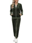 Irevial Survetement Femme Velours Jogging Femme Ensemble Manches Longues Hiver Tenue de Pyjama Sweatshirt Zippé et Pantalon ensemble de pyjama pour l'automne et l'hiver Armée Verte，M