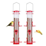 Urban Deco Bird Feeders Hanging Plastic Tube Bird Seed Feeder With 6 Ports Niger Seed Bird Feeder With Steel Hanger Weatherproof Fat Ball Bird Feeder Bird Feeder For Small Birds - Red - 2 Pack