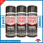 3 x TOUGH STUFF ENAMEL BLACK GLOSS SPRAY PAINT FOR WOOD METAL PLASTIC 400ML