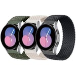 3 Pièces Tressé Solo Loop pour Samsung Galaxy Watch 6/6 Classic/5/5 Pro/4/4/Active 2/Active/3/Gear S2/Gear,20mm Bracelet Sport Nylon Élasticité pour Hommes Femmes，Vert olive/Starlight/Noir，XS