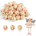 Lot de 60 perles en bois avec visage, Beads Perle smiley Naturel - Rondes de 20 mm - Avec trou de 4,5mm pour bricolage, bracelet, macramé, collier,