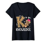 Womens K Is For Knowledge Cute Pencil Bow Teacher Stay Curious V-Neck T-Shirt