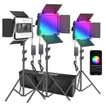 Neewer 3 Packs 660 RGB LED Lumière avec Contrôle APP, Kit d'Éclairage Vidéo avec Supports et Sac, 660 SMD LEDs CRI95 3200K-5600K, Luminosité 0-100%, 0-360 Couleurs Réglables, 9 Scènes Applicables
