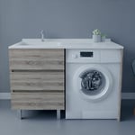 Meuble spécial lave-linge KORA avec plan vasque déportée 124 cm x 65 cm- Bois- Vasque à gauche