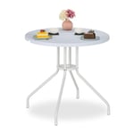 Relaxdays Table de Jardin Ronde, H x D : 74 x 80 cm, Aspect Bois, Ronde, Balcon, terrasse, Plastique et Acier, Blanche