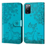 Aisenth Case for Samsung Galaxy S20 FE/Galaxy S20 FE 5G, Embossed Sika Deer Floral Animal Design PU Leather Flip Wallet Case Protective Magnetic Cover with Card Slots + 1 Wrist Strap (Blue Green)