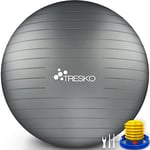 TRESKO® Ballon de Gymnastique | Anti-éclatement | Boule d'assise | Balle de Yoga | Balles d'exercices Fitness | 300 kg | avec Pompe à air | Gris | 55cm