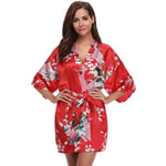 GROPC Women Satin Dressing Gown,Valentines Day Sexy Lingerie Silk Silky Peacock Print Babydoll Kimono Bridal Wedding Short Robe Dress Bathrobe Plus Size Nightie Sleepwear,Red,Xxl