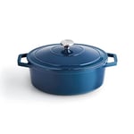 Qulinart by Brandt - Cocotte en Fonte d'Acier Individuelle Couvercle en Fonte avec Bouton en Inox - Convient pour Induction - Passe au Four - Bleu (Ovale)