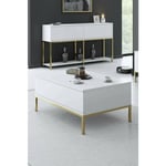 Table basse Antares, Table basse, Porte-revues pour canapé, Etagère de salon, 90x60h40 cm, Blanc et Or, avec emballage renforcé - Dmora