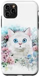 Coque pour iPhone 11 Pro Max Chat blanc moelleux avec couronne florale yeux bleus design mignon