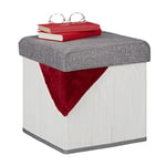 Relaxdays Tabouret Rangement, rembourré, Pliable, Bambou, Tissu, HxLxP : 36 x 35 x 35 cm, Repose-Pieds, Blanc-Gris