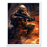 Army Warfare Desert Sniper Explosion Flames Oil Painting Soldier Action Scene Art Print Framed Poster Wall Decor 12x16 inch