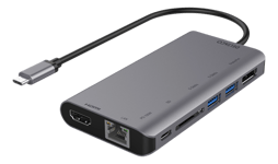 DELTACO – USB-C-telakointiasema, HDMI/DP/RJ45/2xUSB-A/SD PD 3.0, harmaa (USBC-HDMI19)