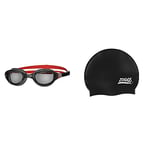 Zoggs Unisex's Phantom 2.0 Swimming Goggles, Black/Red/Smoke, One Size & Adult Silicone Swimming Cap with Embossed Non-Slip Inner Surface, Black, One Size