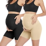 POSHGLAM Women's Maternity Shapewear Seamless Pregnancy Underwear Belly Support High Waist Mid-Thigh Panties Shorts, B01 Nude/Black 2 Pack, L