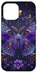 Coque pour iPhone 13 Pro Max Papillon bleu foncé Luna Moth Witchy Blue et fleurs violettes