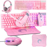 Pink Gaming Keyboard and Mouse Headset Headphones and Mouse pad Wired LED RGB Backlight Bundle Pink PC Accessories for Gamers and Xbox and PS4 PS5 Nintendo Switch Users - 4in1 Edition Hornet RX-250