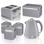 Swan Retro Jug Kettle 4 Slice Toaster Bread Bin and 3 Canisters Set Grey