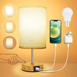 Suright Touch Control Bedside Lamps, 3-Way Dimmable Table Lamp with USB A+C Charging Ports, Touch Lamps Bedside with Linen Fabric Shade, Small Table Lamp for Bedroom Living Room (LED Bulb Included)