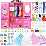 84 Pack Doll Clothes and Accessories with Doll Closet for 11.5 Inch Doll Fashion Design Set Girl Doll Dress Up Including Wedding Dress Tops and Pants Outfits Shoes Bags Necklaces Toys Gifts for Girls