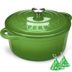 Overmont Cocotte en fonte émaillée – Casserole de 7 l avec couvercle et maniques en coton – Ustensiles de cuisine robustes pour braiser, ragoûts, rôtir, cuire du pain (vert)