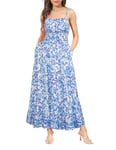 GRACE KARIN Robe de Cocktail Casual pour Femme Bretelles Spaghetti A-Ligne Dos Nu Bustier Décontractée avec Motif Floral L Fleurs Bleues sur Blanc