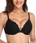 Deyllo Soutiens-Gorge Femme Rembourré avec Armature Dentelle Lingerie Push-up Brassiere Classiques Brassière Maintien Noir 95D