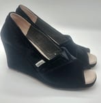 Toms Wedge Shoes Women UK Size 5 Black Suede Velvet Peep Toe Slip On