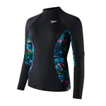 Speedo Women's Long Sleeve Sun Protection Rash Top | UV Protection | Rash Guard, Black/Fluo Pink/Lapis Blue/Mercurial Blue, XXS