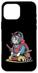 Coque pour iPhone 16 Pro Max Japon Kawaii Cat Samurai Casque Casque Manette de Jeu Vidéo