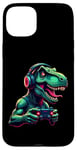 Coque pour iPhone 15 Plus Gaming Dinosaurs- Le T-rex joue aux jeux vidéo